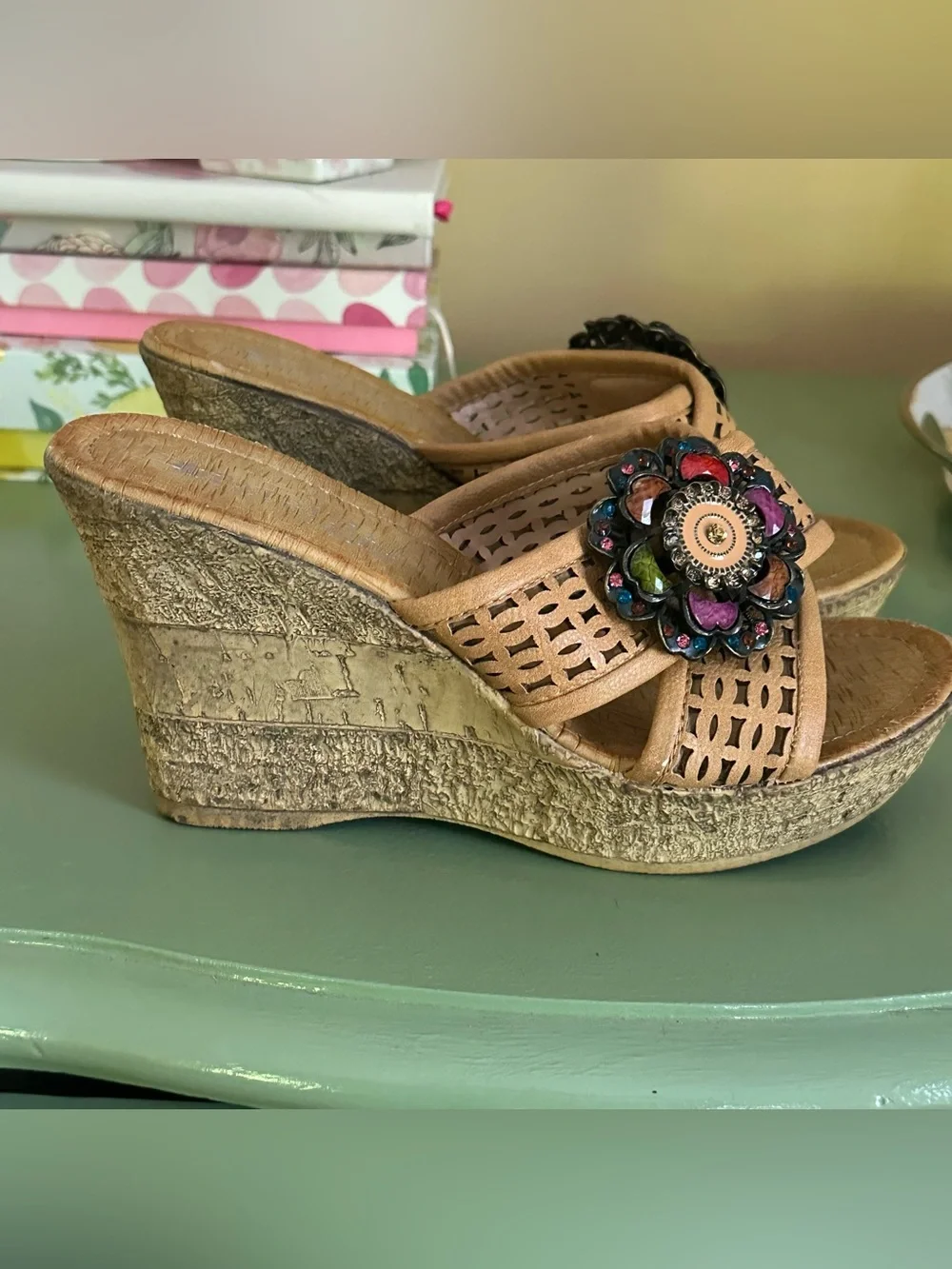 Patrizia Spring Step Tan Floral Jewel Accent Slide Platform Wedge Sandal 38/7.5